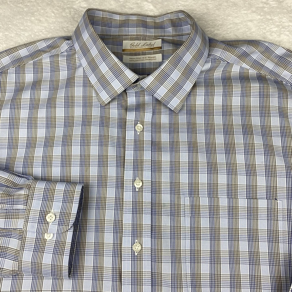 Roundtree & Yorke Gold Label Dress Shirt Mens 18.5-34/35 BIG Blue/Brown Plaid